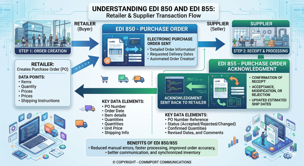The exchange between these documents follows a specific sequence that forms the backbone of B2B procurement transactions. Each step builds on the previous one, creating a dependency chain where accuracy at every stage prevents downstream complications.